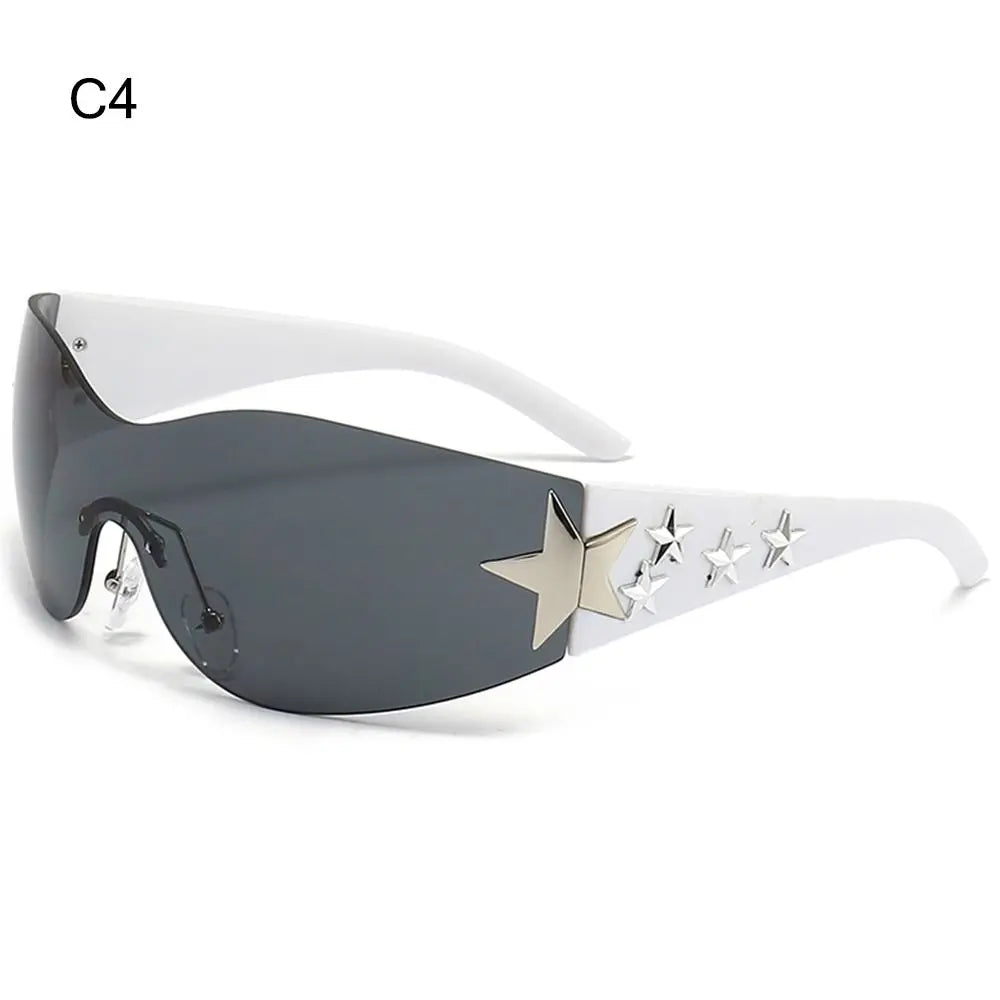 Rimless Y2K Sunglasses for Women and Men Star Wrap around Sun Glasses Trendy Cool Black Sunglasses Fashion Shades for Outdoor